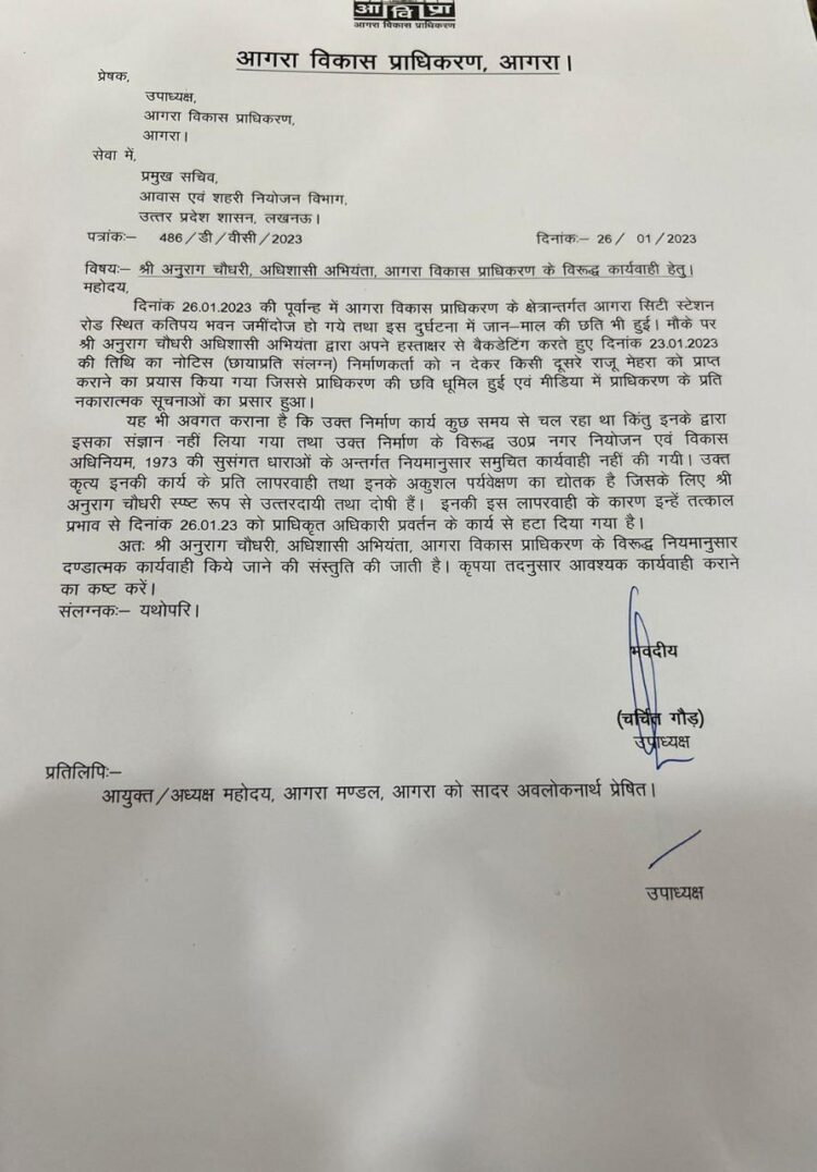 हादसा-5: बैक डेट में नोटिस जारी करने के लिए अधिशासी अभियंता के खिलाफ कार्रवाई को लिखा पत्र