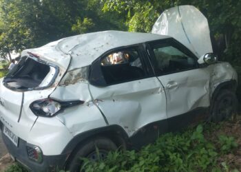 सड़क पार कर रही महिला को बचाने के चक्कर में अनियंत्रित कार पेड़ से टकराई, पांच घायल